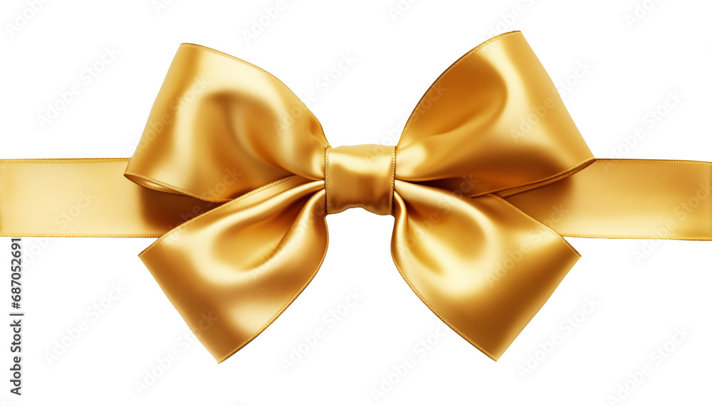 Gold ribbon satin bow isolated on white background, horizontal element for decoration gift boxes Gold ribbon satin bow isolated on white background, horizontal element for decoration gift boxes
