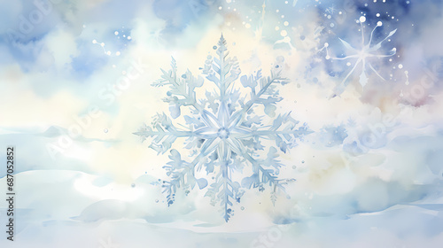 An artistic watercolor painting of a single snowflake, oversized on an off-white canvas