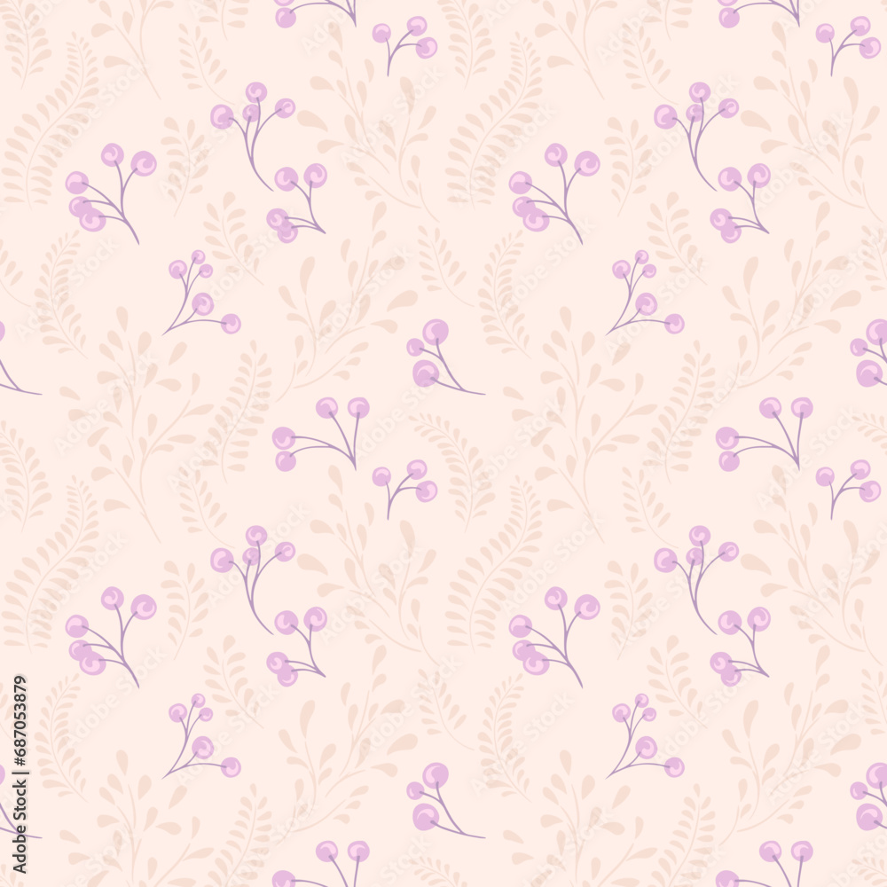 Pastel seamless pattern with creative berries branches and leaves stem on a light back. Vector hand drawn sketch. Retro simple background with tiny floral leaf stems and drops. Design for fashion