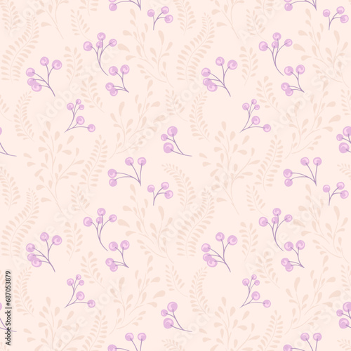 Pastel seamless pattern with creative berries branches and leaves stem on a light back. Vector hand drawn sketch. Retro simple background with tiny floral leaf stems and drops. Design for fashion