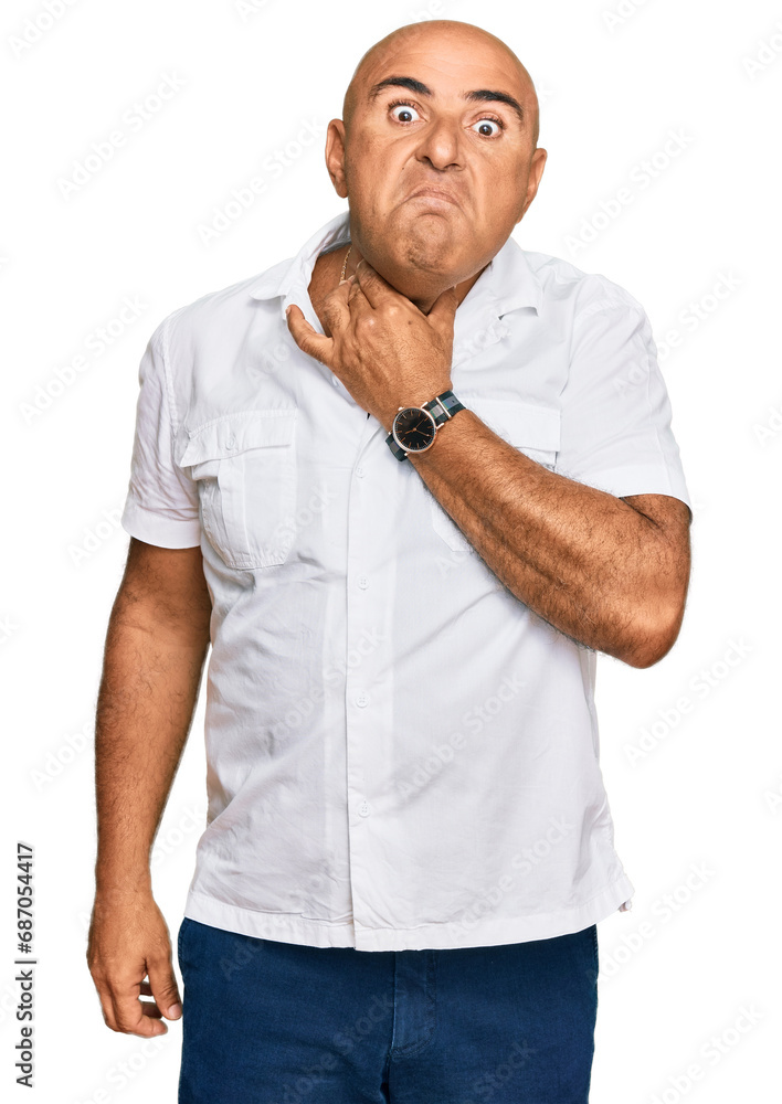 Mature middle east man with mustache wearing casual white shirt touching painful neck, sore throat for flu, clod and infection Mature middle east man with mustache wearing casual white shirt touching painful neck, sore throat for flu, clod and infection