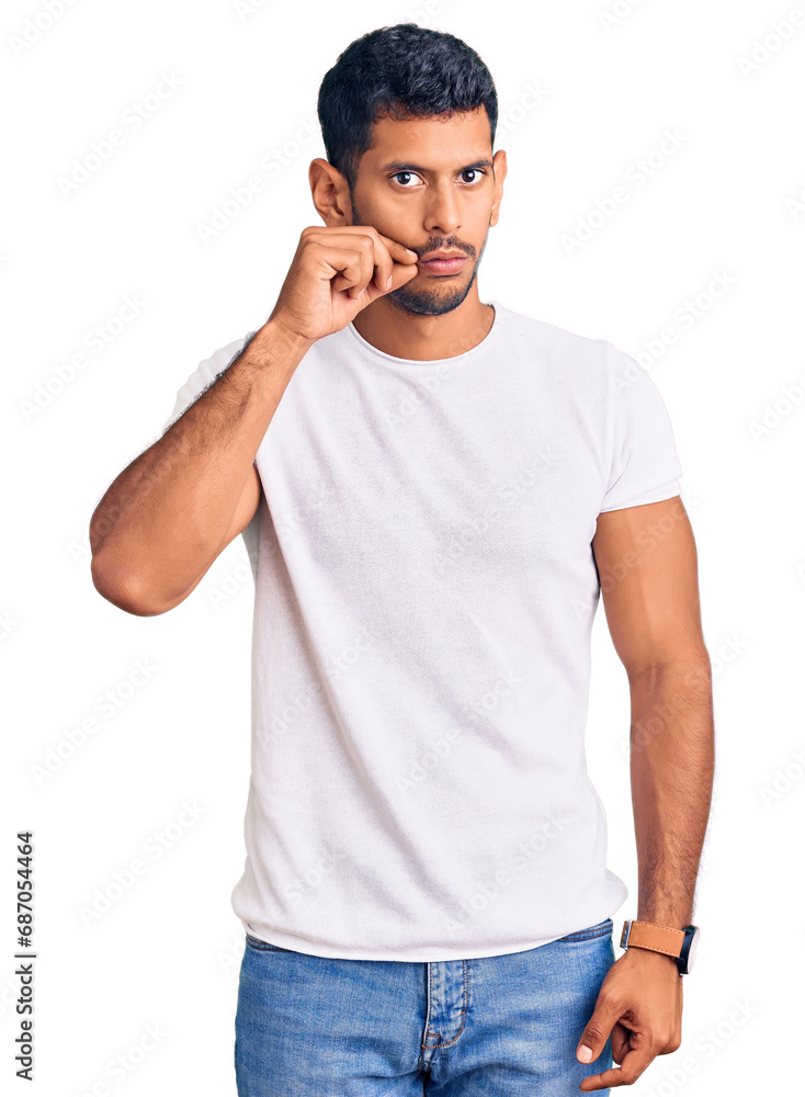 Young latin man wearing casual clothes mouth and lips shut as zip with fingers. secret and silent, taboo talking Young latin man wearing casual clothes mouth and lips shut as zip with fingers. secret and silent, taboo talking