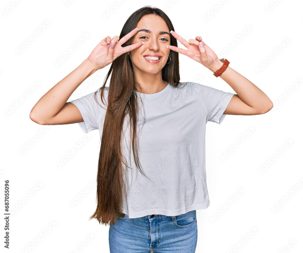 Young hispanic girl wearing casual white t shirt doing peace symbol with fingers over face, smiling cheerful showing victory Young hispanic girl wearing casual white t shirt doing peace symbol with fingers over face, smiling cheerful showing victory