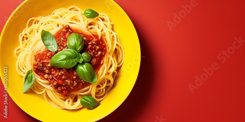 a bowl of spaghetti with sauce and basil leaves © VSTOCK