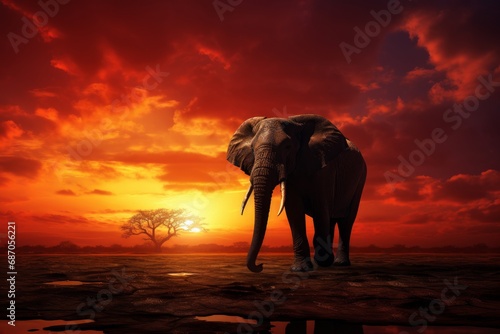 Photo of an animal's silhouette against a dramatic sunset. Generative AI