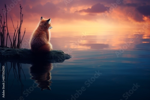 Photo of an animal s solitary contemplation in a tranquil setting. Generative AI
