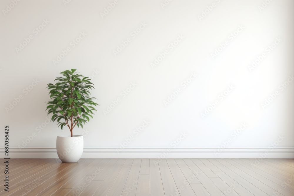 Fototapeta premium Minimalist Room with a Potted Plant on Wooden Floor