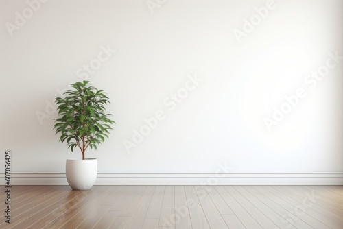 Minimalist Room with a Potted Plant on Wooden Floor