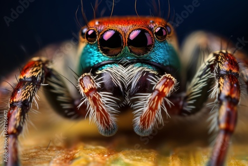 Photo of the minute eyes of a tiny jumping spider. Generative AI