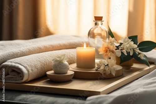Spa Essentials on Wooden Tray in Cozy Bedroom Setting