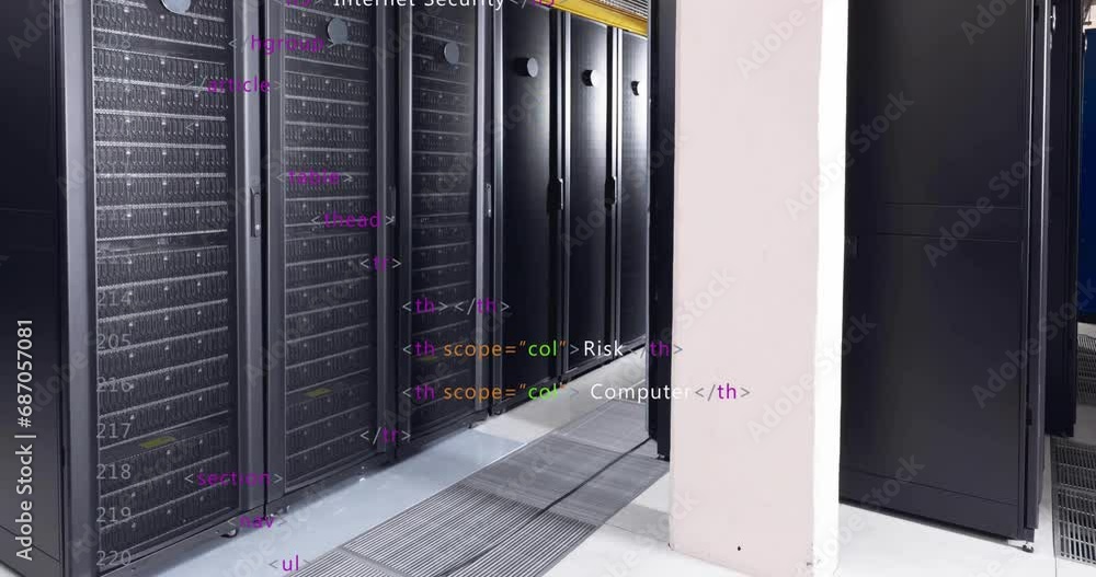 Animation of multicolored computer language over data server racks in server room Animation of multicolored computer language over data server racks in server room