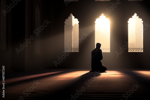 a man kneeling in a room with a window and sunlight photo