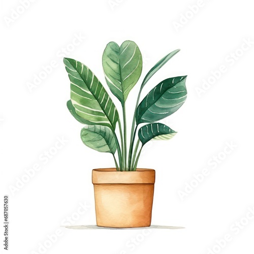 Watercolor hand-drawn home green plant potted. Green botanical isolated on a white background