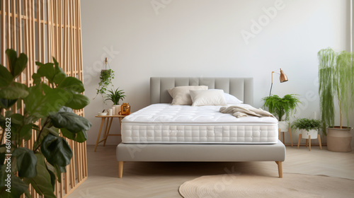 A bed with a white mattress photo