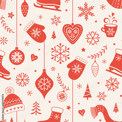 Scandinavian ornaments snowflakes and accessories seamless pattern. Christmas winter red and white background. Vector illustration.