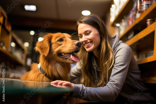 A happy young woman enjoying a bonding moment with her smiling golden retriever inside a cozy room.