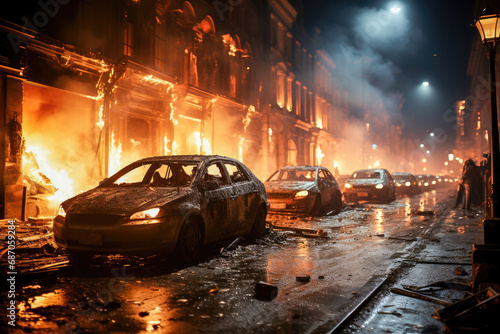 A chilling night-time scene of burnt cars on a city street, reflecting an emergency with flames and rescue lights.