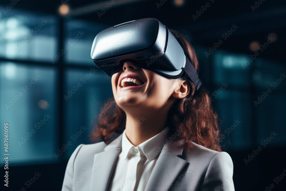 Smiling business woman or engineer working with virtual reality, young woman testing VR glasses or goggles in office room.generative ai
Smiling business woman or engineer working with virtual reality, young woman testing VR glasses or goggles in office room.generative ai