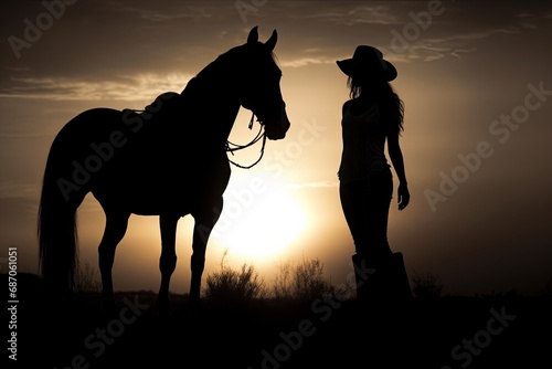 Silhouette of a cowgirl and a horse in the sunset