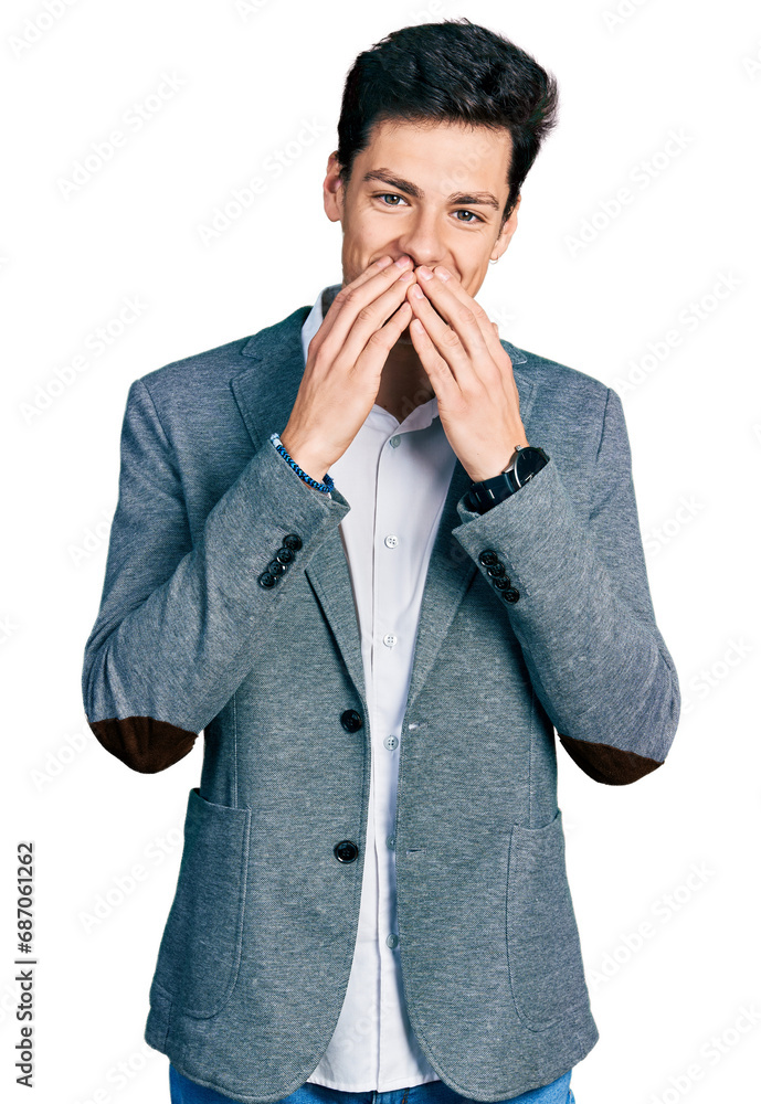 Young hispanic man wearing business clothes laughing and embarrassed giggle covering mouth with hands, gossip and scandal concept Young hispanic man wearing business clothes laughing and embarrassed giggle covering mouth with hands, gossip and scandal concept
