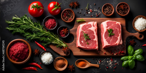 Raw meat with spices, herbs on dark background.