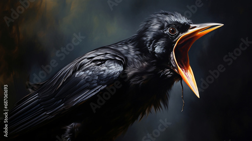 A black bird with its mouth open photo