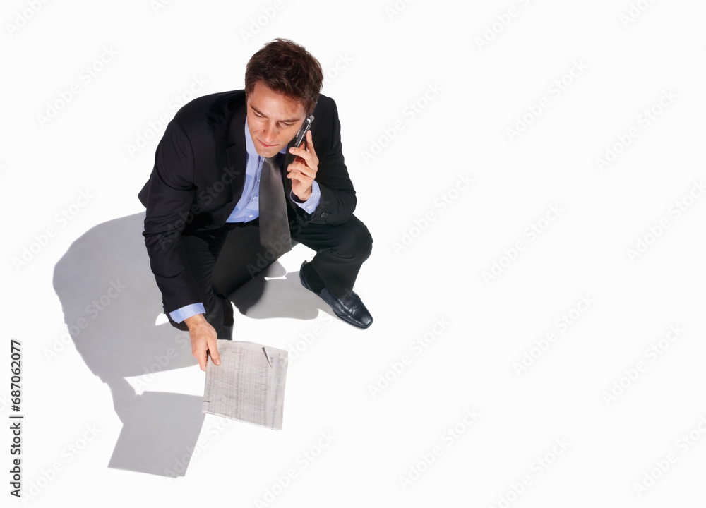 Business, phone call and man in studio with newspaper, networking or communication with top view floor mockup. Travel, smartphone or above male journalist with paper, article or contact us newsletter Business, phone call and man in studio with newspaper, networking or communication with top view floor mockup. Travel, smartphone or above male journalist with paper, article or contact us newsletter