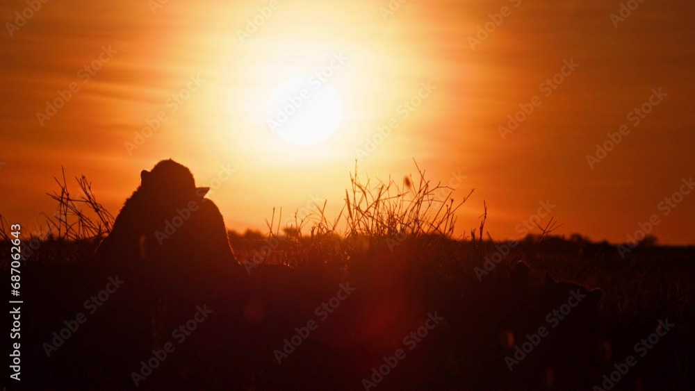Silhouette of two cheetahs (Acinonyx jubatus) licking themselves backlit by the sunrise in Africa. Silhouette of two cheetahs (Acinonyx jubatus) licking themselves backlit by the sunrise in Africa.
