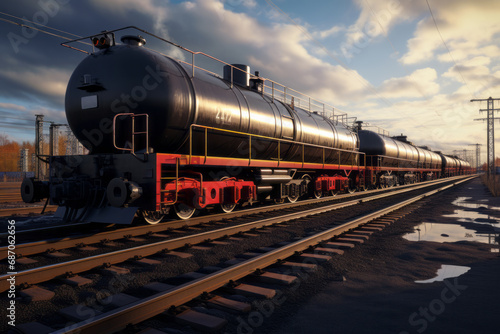 Train on the tracks with fuel tanks. Black large tank cars with fuel or other substance on the tracks.generative ai
