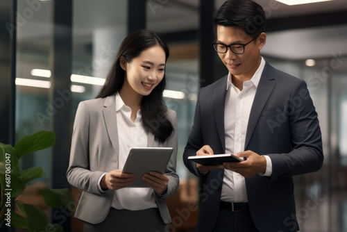 Business partners or employees of finance office, IT sphere, bankers asian beauty man and woman share information about company or discuss financial plan with tablets in hand in office.generative ai