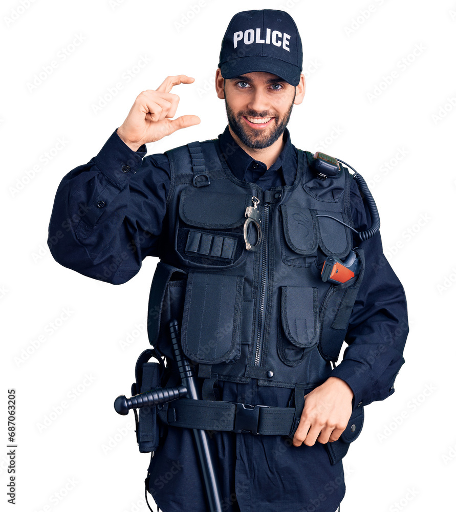 Young handsome man with beard wearing police uniform smiling and confident gesturing with hand doing small size sign with fingers looking and the camera. measure concept. Young handsome man with beard wearing police uniform smiling and confident gesturing with hand doing small size sign with fingers looking and the camera. measure concept.