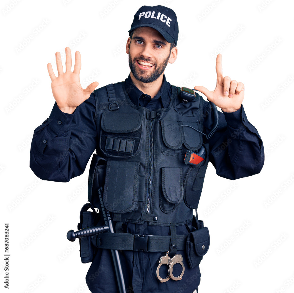 Young handsome man with beard wearing police uniform showing and pointing up with fingers number seven while smiling confident and happy. Young handsome man with beard wearing police uniform showing and pointing up with fingers number seven while smiling confident and happy.