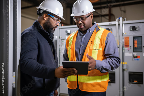 Confident maintenance engineers conduct a discussion with a tablet at a power plant or other building or company premises. Team engineer working on a project.generative ai photo