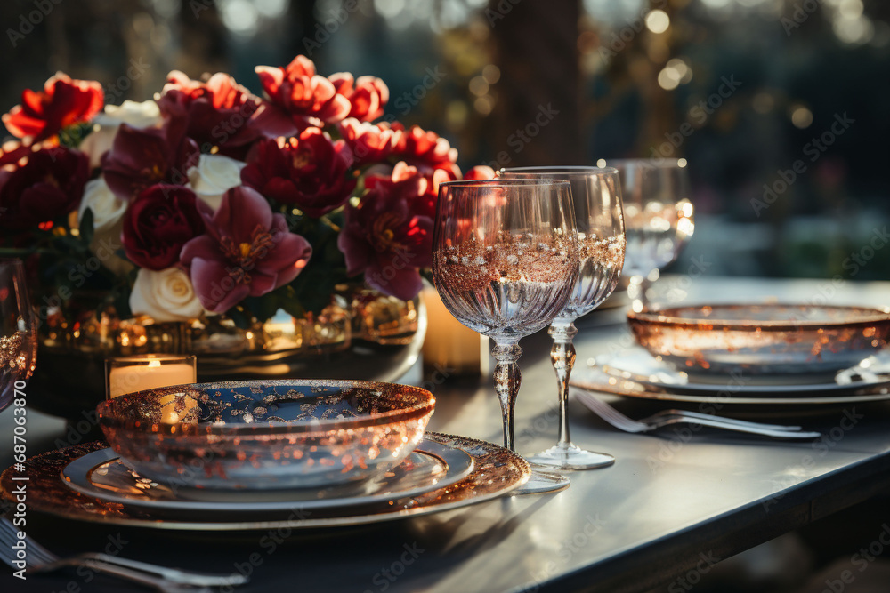 Elegant table, plates with golden ornaments, wine glasses, red flowers in a gold pot, and mood lights, candles, on a silver color surface and a blurred garden in the background.