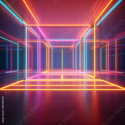 Vibrant 3D render capturing an empty room with floor reflections and an abstract neon background.