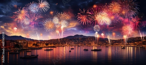  A breathtaking panorama of Vibrant Fireworks. Generativ AI.