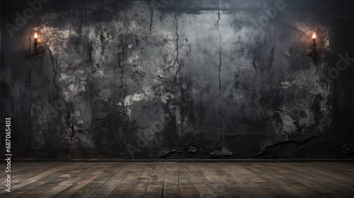 Explore the raw beauty of a black wall texture paired with a dark concrete floor forming a compelling old grunge background. © ckybe