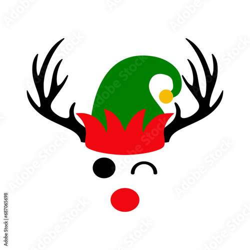 Tiempo de Navidad. Logo con reno Rudolph con sombrero de elfo de Santa Claus, hocico rojo, astas y guiñando un ojo para tarjetas y felicitaciones