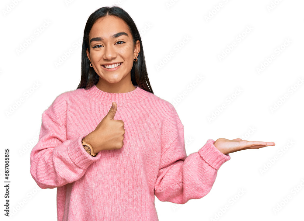 Φωτογραφία Young asian woman wearing casual winter sweater showing palm hand and doing ok g