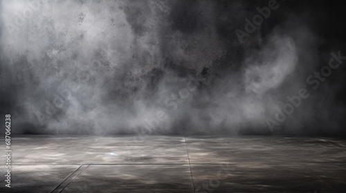 Atmospheric mist adds depth and texture to a dark, industrial concrete floor.