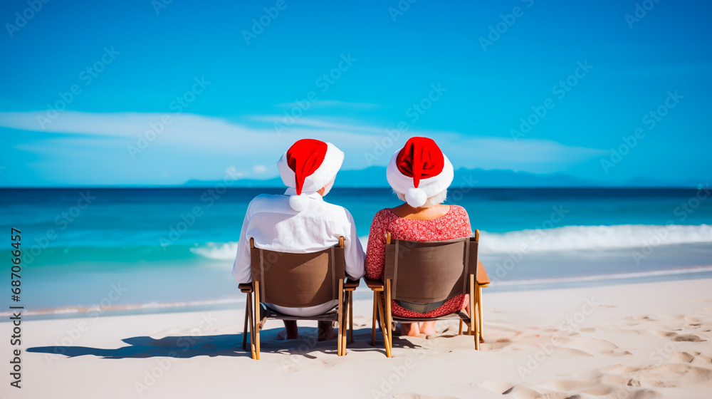 Senior couple in Santa hats at beach celebrating Christmas.
Senior couple in Santa hats at beach celebrating Christmas.