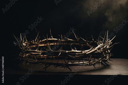 Crown of thorns on a dark background, a symbol of the redemption of sin and curse. Religious theme.generative ai