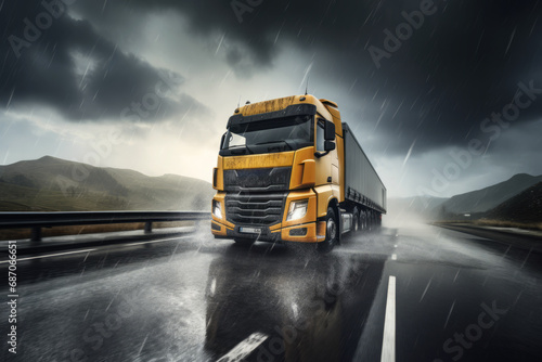 Yellow semi-trailer truck speeding on asphalt road in rainy weather, front view, transport and forwarding concept.generative ai