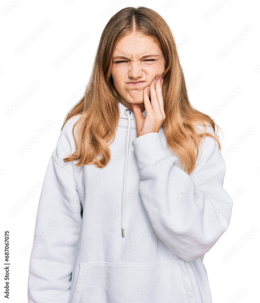 Beautiful young caucasian girl wearing casual sweatshirt touching mouth with hand with painful expression because of toothache or dental illness on teeth. dentist Beautiful young caucasian girl wearing casual sweatshirt touching mouth with hand with painful expression because of toothache or dental illness on teeth. dentist