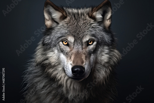 Portrait of a wolf looking straight on a dark background  close up view.generative ai