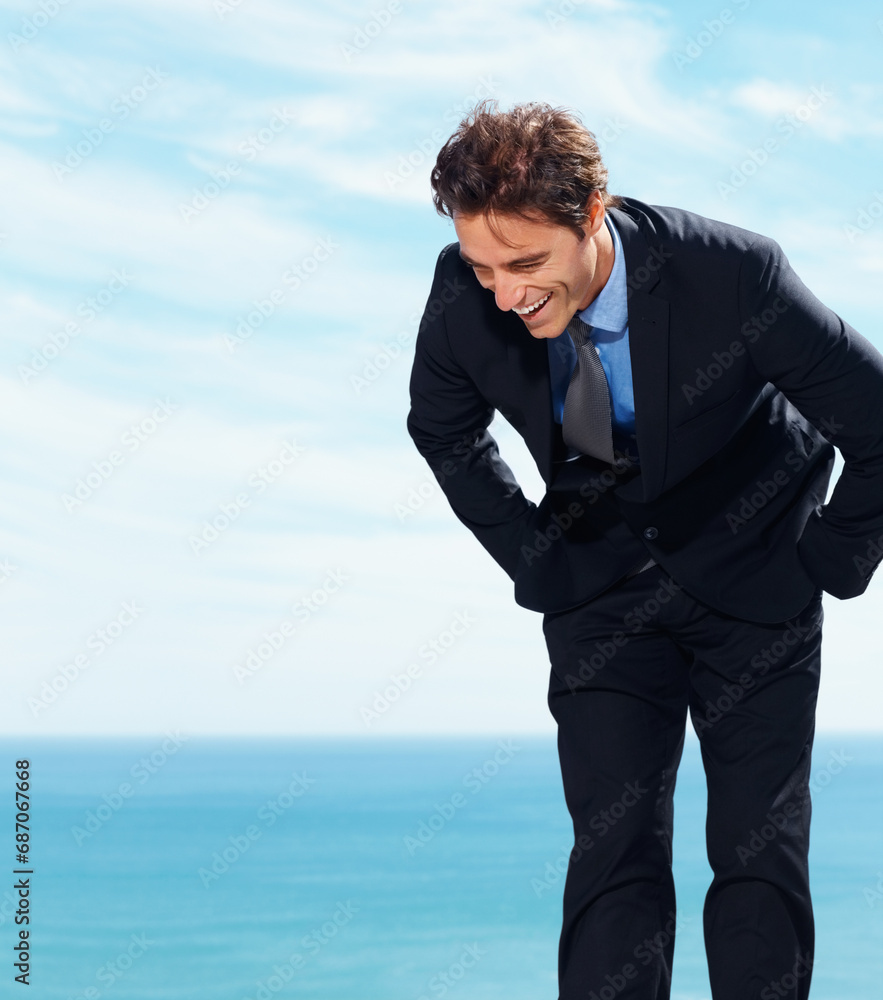 Business man laughing at ocean holiday, vacation and summer travel on sky mockup space. Funny professional lawyer in suit at sea, happy and excited by water at beach outdoor for freedom in Cancun Business man laughing at ocean holiday, vacation and summer travel on sky mockup space. Funny professional lawyer in suit at sea, happy and excited by water at beach outdoor for freedom in Cancun