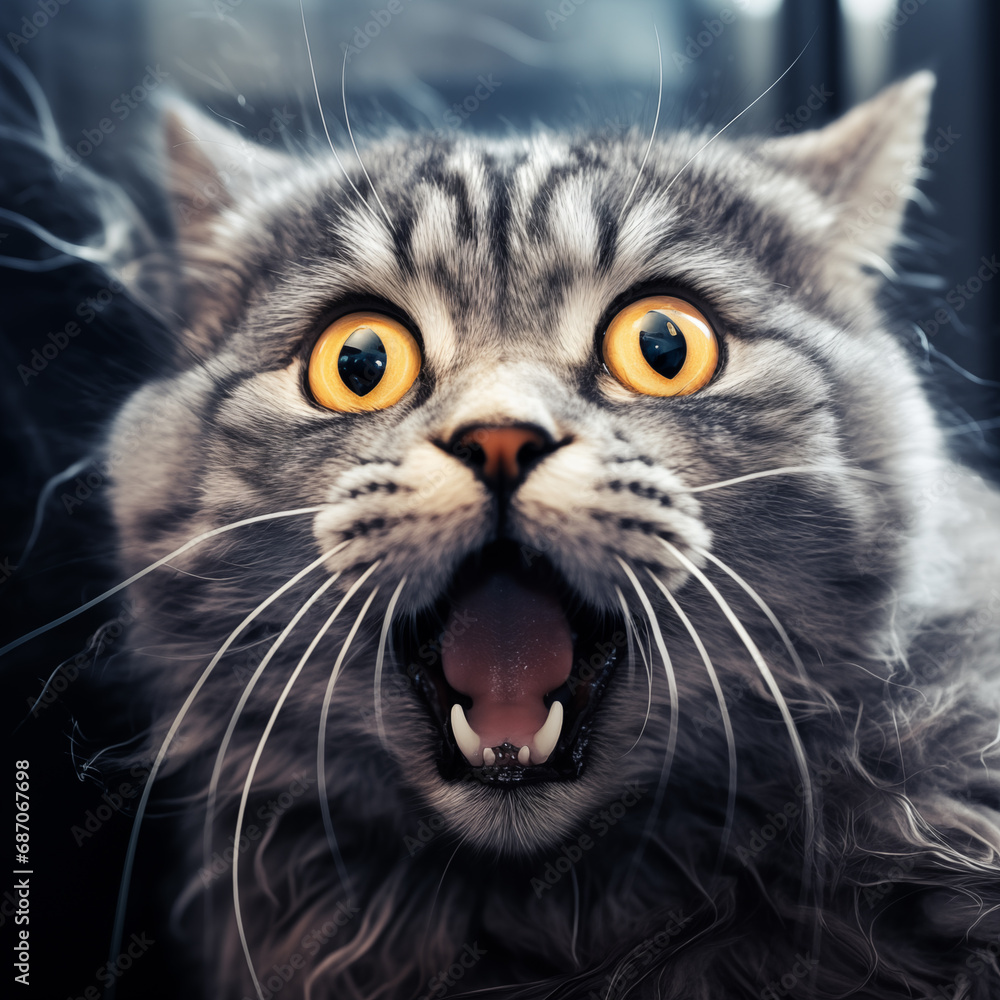 Funny cat with orange eyes on the window. Portrait of a cat. Scared and surprised cat with big eyes and open mouth. Funny cat with orange eyes on the window. Portrait of a cat. Scared and surprised cat with big eyes and open mouth.