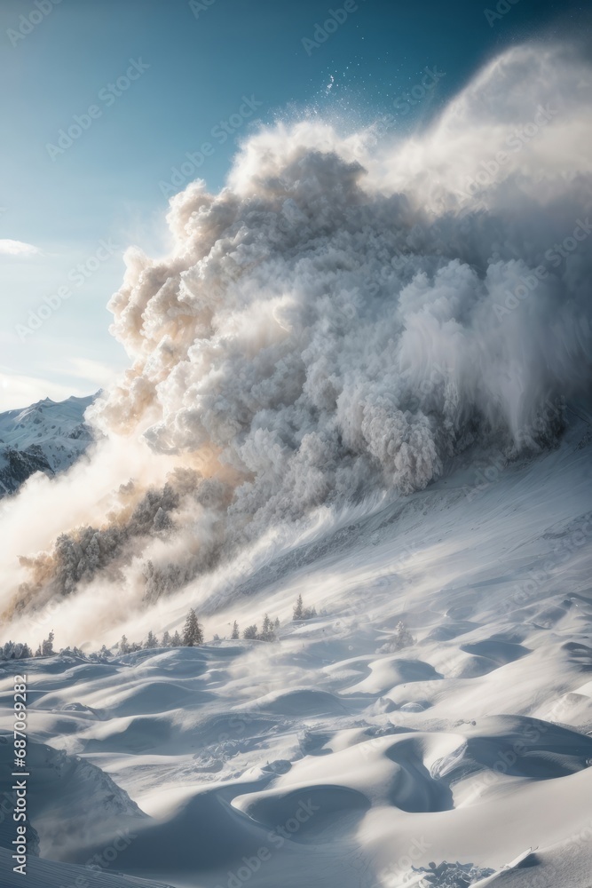 Massive avalanche mountains on a sunny day. Winter, an emergency in nature.