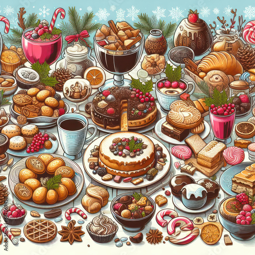 Christmas food and treats in table illustration