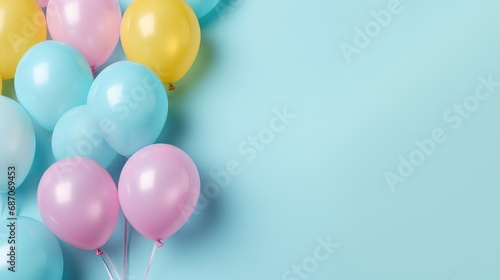 Colorful air balloons on the blue pastel background.